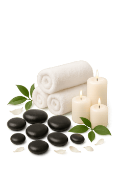 Relaxing Spa Setup With Candles, Towels, and Smooth Stones Creating a Soothing Environment png