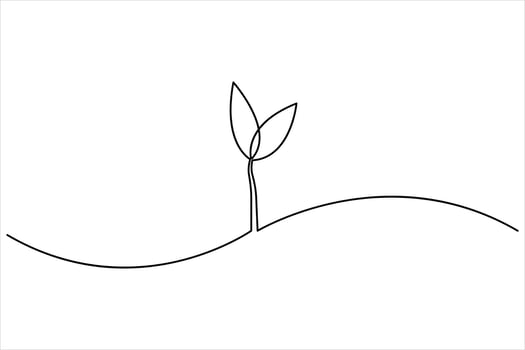Growth plant continuous single Line art drawing. Sprout with leaves in simple linear illustration vector
