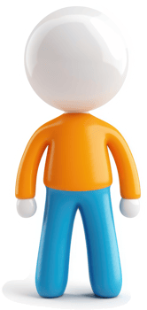 Cartoon character standing, back view, in orange and blue. png