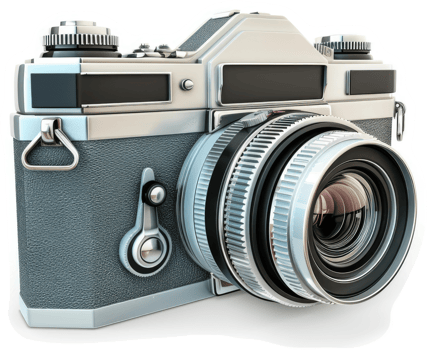Vintage silver-toned camera, perfectly rendered in a studio setting. png