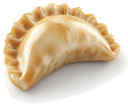 Close-up view of a golden, half-moon shaped empanada. png