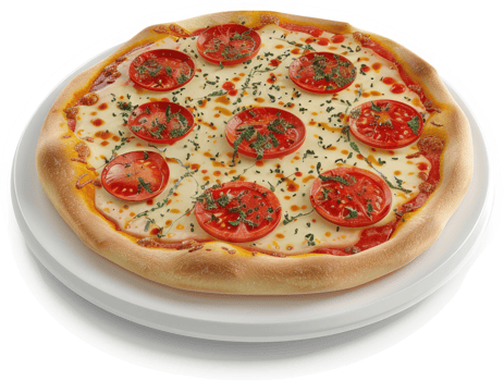 Round pizza topped with mozzarella, tomatoes, and herbs. png