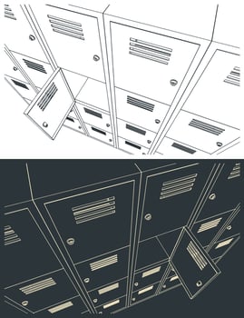 Metal storage lockers close up sketches vector