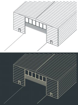 Industrial hangar isometric blueprints vector