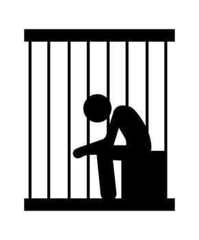 Stickman broods in prison. sad prisoner. Cartoon stick figure pictogram icon. vector