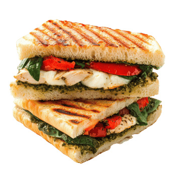 Delicious grilled chicken sandwich with mozzarella and a layer of basil pesto with bread and cheese png