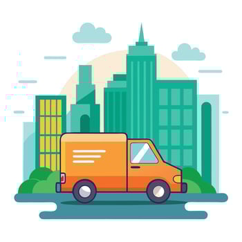Delivery truck in city with buildings and trees vector