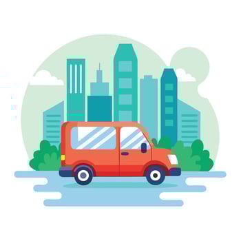 A red van is driving through the city vector
