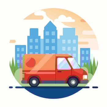A red delivery truck is driving down the road vector