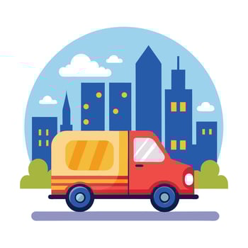 Delivery truck with city skyline background illustration vector