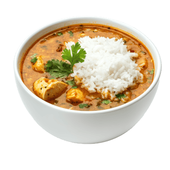 Rice in spicy Indian mulligatawny with chicken soup in white bow png