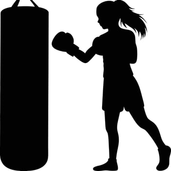 Female boxer silhouette training with punching bag fitness and strength illustration vector