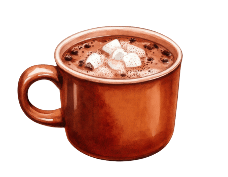Watercolor hot chocolate in brown mug clip art illustration png