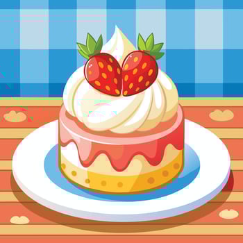 Cartoon Strawberry Cake on a White Plate with Whipped Cream and Mint Leaves vector