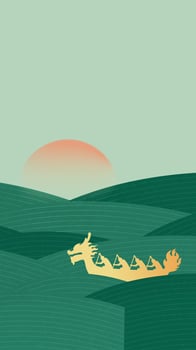 Dragon Boat Festival vertical illustration green abstract waves and gold dragon boats vector