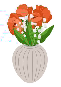 Vase with red poppies and lily of the valley flowers in flat style. Floral arrangement symbolizing spring, freshness, and home decor vector