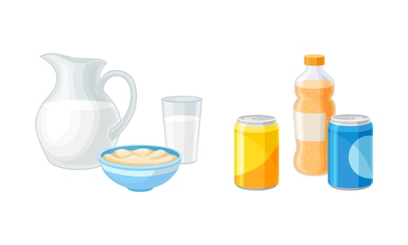 Dairy Product and Sparkling Soda Water in Can and Bottle as Healthy and Harmful Food Set vector