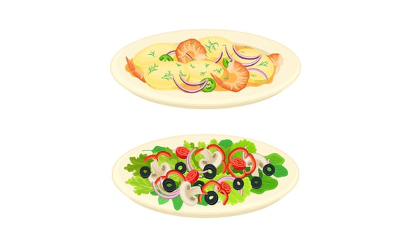 Served on Plate Dish with Green Vegetable Salad and Potato with Shrimp Set vector