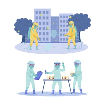 Disinfectant workers wearing safety protection suit disinfecting street. Scientist doctors analysing and doing medical research in laboratory cartoon illustration vector