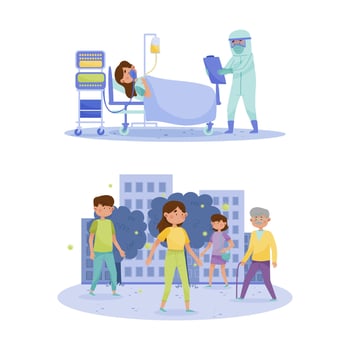 Patient lying in bed with drip in hospital room. People keeping distance for infection and disease prevention in the street cartoon illustration vector