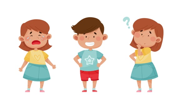 Cute kids emotions set. Children with different face expressions. Crying, cheerful, pensive boy and girls cartoon illustration vector