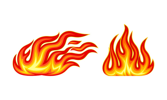 Burning outdoor bonfires set. Bright red and orange fire flames illustration vector