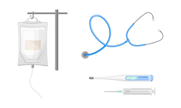 Set of different medical tools. Dropper, thermometer, stethoscope, syringe illustration vector