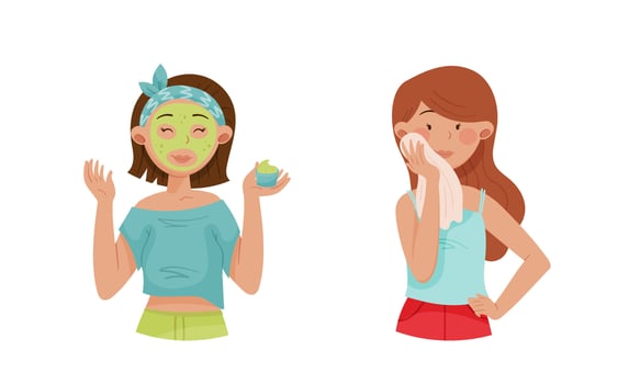 Facial treatment procedures set. Beautiful young women applying face mask and cleansing her face cartoon illustration vector