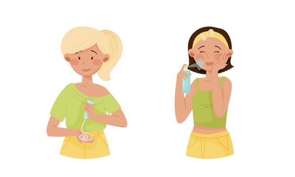 Facial treatment procedures set. Beautiful young woman applying cosmetic products on her face cartoon illustration vector