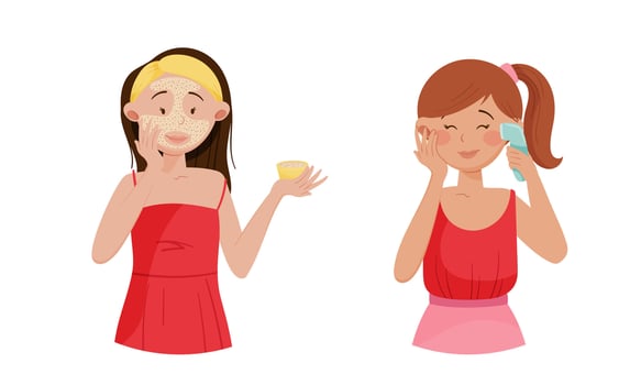Facial treatment procedures set. Beautiful young woman applying cosmetic products and doing massage cartoon illustration vector