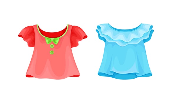 Summer clothes for little girl set. Red and blue cotton blouses cartoon illustration vector