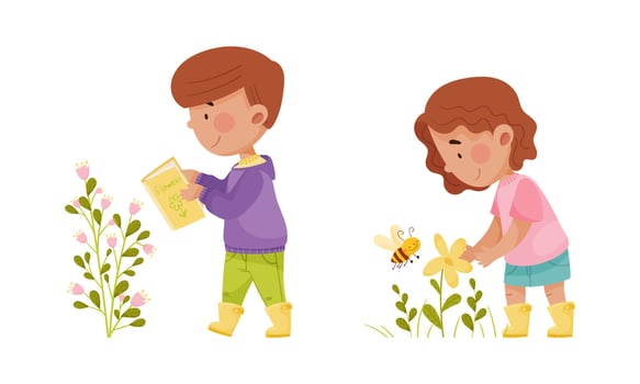 Cute kids exploring plants and insects in forest or park set cartoon illustration vector