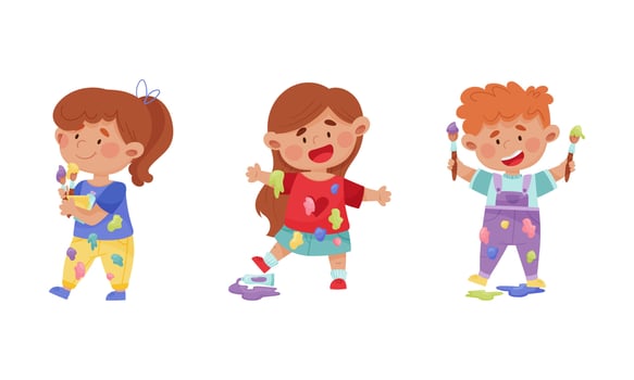 Creative kids in stained clothes holding paint brushes set cartoon illustration vector