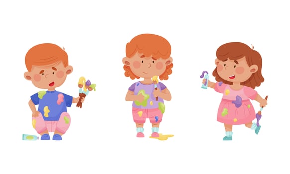 Cute funny creative kids in stained clothes holding paint brushes set cartoon illustration vector