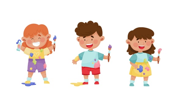 Cute funny creative boy and girls in stained clothes painting with brushes set cartoon illustration vector