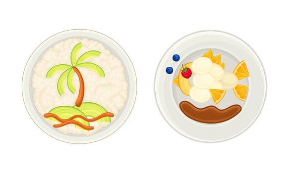 Creative meal dishes served on plates set. Serving Ideas for healthy breakfast for kids cartoon illustration vector