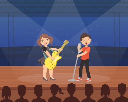 Cute Girl and Boy Playing Guitar and Singing on Stage, Talented Young Musicians Performing at Concert or Music Festival Illustration vector
