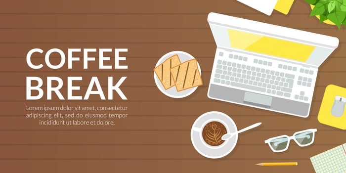 Coffee Break Banner Template, Top View of Laptop Computer, Coffee Cup and Toast on Wooden Surface Illustration vector