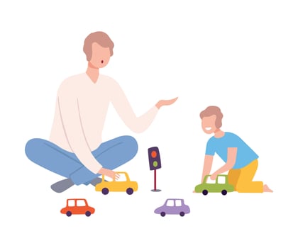 Father Sitting on the Floor with Crossed Legs and Playing Toy Cars with Her Son, Parent and Kid Spending Time Together at Home Flat Style Illustratio vector