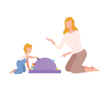 Mother Playing Educational Game with her Son, Parent and Kid Spending Time Together at Home Flat Style Illustration vector