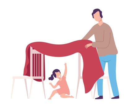 Father and His Daughter Playing Blanket House, Girl Sitting in Hut, Parent and Kid Spending Time Together at Home Flat Style Illustration vector
