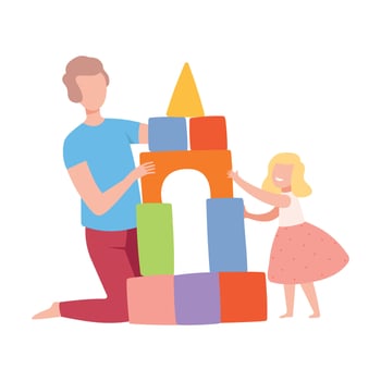 Father Playing Toy Cubes with his Daughter, Parent and Kid Spending Time Together at Home Flat Style Illustration vector