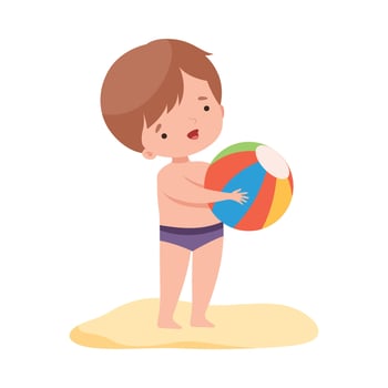 Cute Boy Playing with Ball, Kids Summer Activities, Adorable Child Having Fun on Beach on Holidays Cartoon Illustration vector