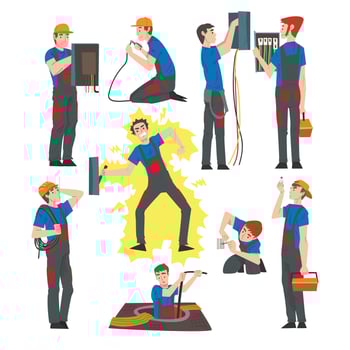 Male Electrical Engineers Repairing and Operating Electrical Equipment, Electricity Maintenance Service Workers Characters in Uniform and Cap Cartoon Style Illustration vector