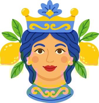 Colorful female ceramic head with crown, blue hair and lemons in traditional Sicilian folk art style vector