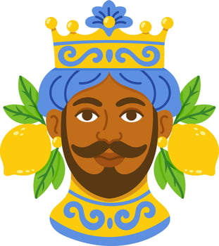 illustration of Sicilian ceramic male head with crown, blue turban, lemons and green leaves vector