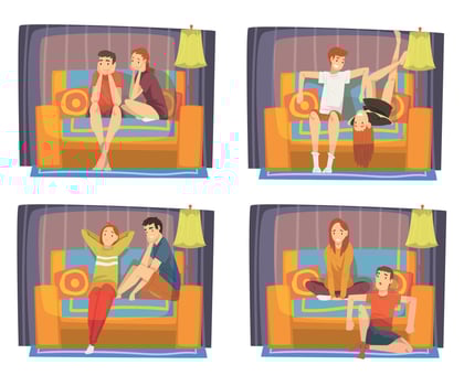 Bored Couples Sitting on Cozy Couches Set, Male and Female Characters Spending Time Together at Home, Family Staying Together Illustration vector