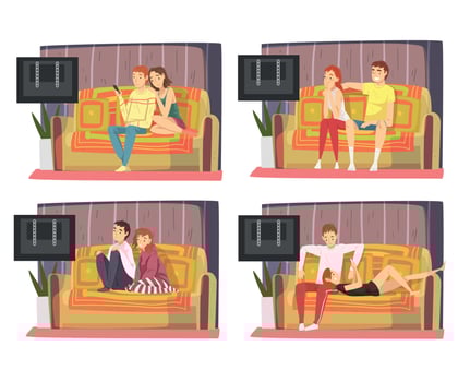 Bored Couples Sitting on Couch and Watching TV Set, Men and Women Spending Time Together at Home, Family Staying Together Illustration vector