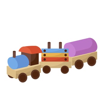 Toy wooden train in flat design. Baby plaything of locomotive with wagons. illustration isolated. vector