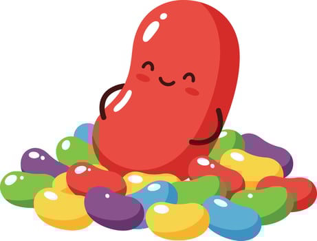 Red Jelly Bean Character Sitting Among Colorful Jelly Beans Cute Cartoon Snack Illustration vector